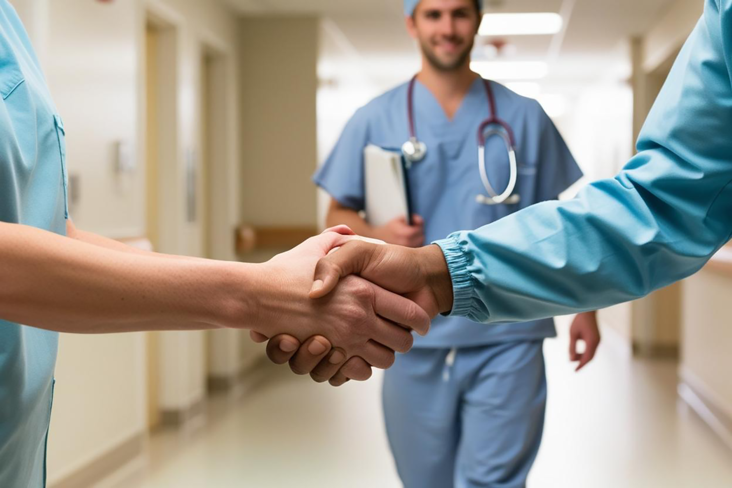Deux mains (femme et homme avec des blouses) se serrant la main pour illustrer un coopération entre professionnels de santé, au cœur de nos formations.