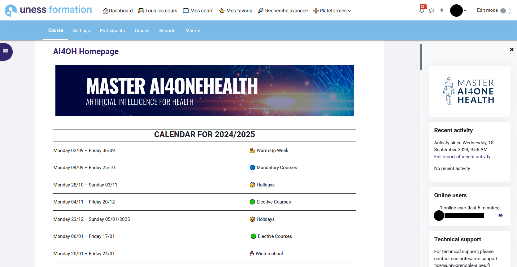 capture d'écran d'un calendrier sous forme de tableau sur la plateforme UNESS